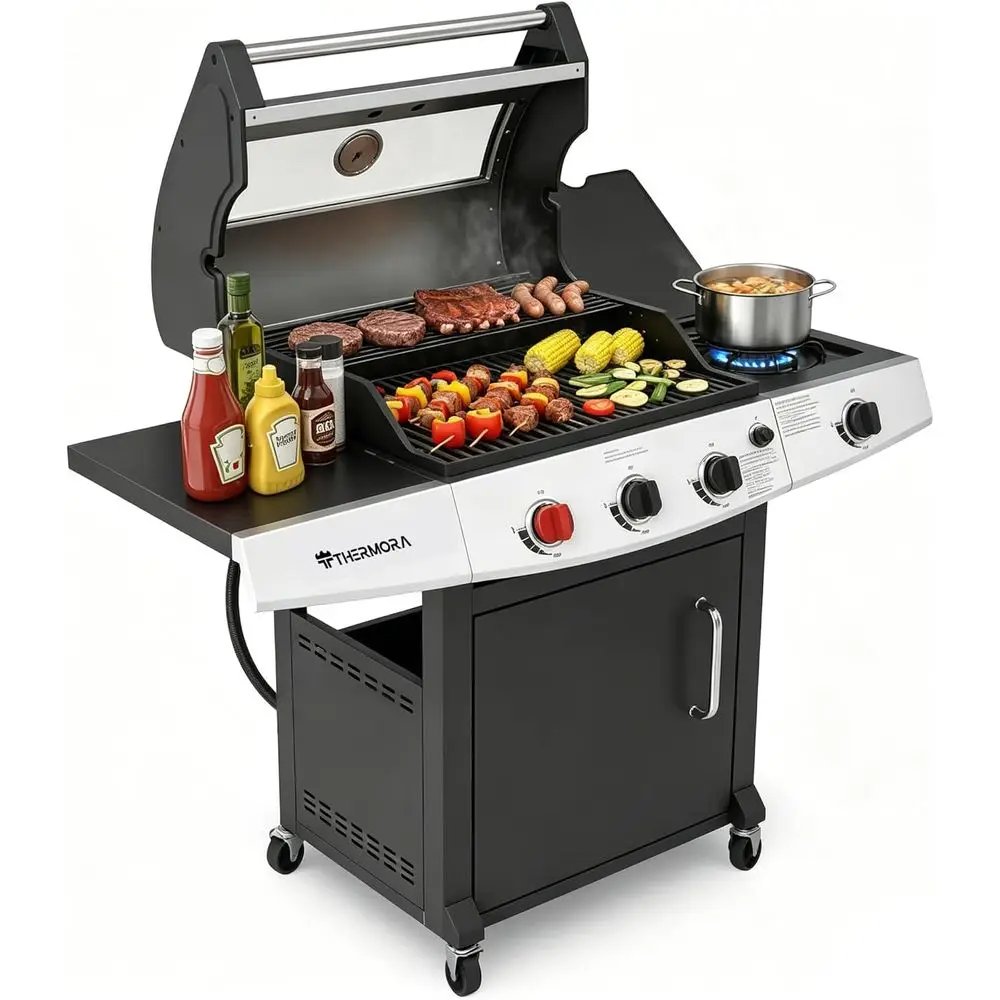 

Outdoor Propane Gas Grill with 4 Burners, 50,000 BTU, 553 Sq.in, Searing & Side Burners, Porcelain-Enameled Grates, Stainless St