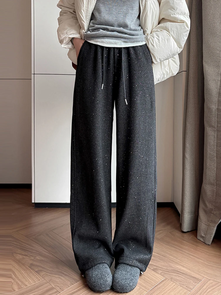 Calças Casuais Femininas de Cintura Alta com Forro, Corte Largura, Design Assimétrico, Corte Reto, Outono Inverno Novo