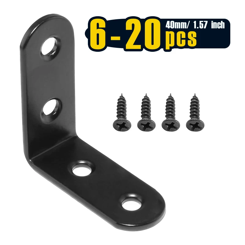 6-20 قطعة دعامة زاوية سوداء على شكل حرف L، دعامة زاوية قائمة من الفولاذ المقاوم للصدأ 40 مم، وصلة معدنية دعامة زاوية قائمة للخشب #1