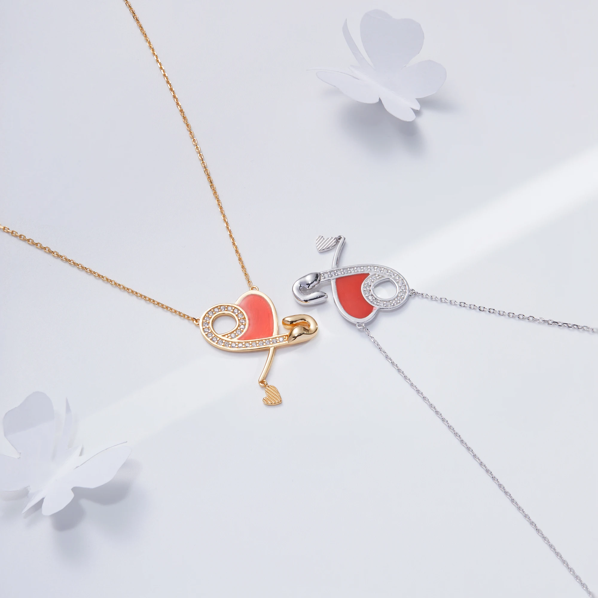 HAIKE Original S925 Sterling Silver Fashion Zircon Gold Plated Neck Chain Cute Red Heart shaped Paper Clip Necklace Pendant