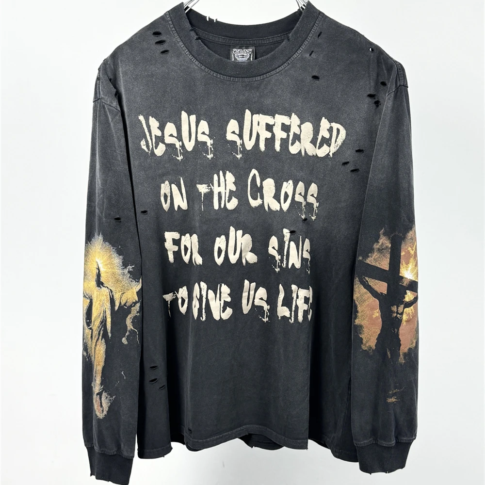

Рубашка Hole SAINT L/S JESUS ON CROSS с длинными рукавами, винтажная футболка для мужчин и женщин, футболки высокого качества, футболки