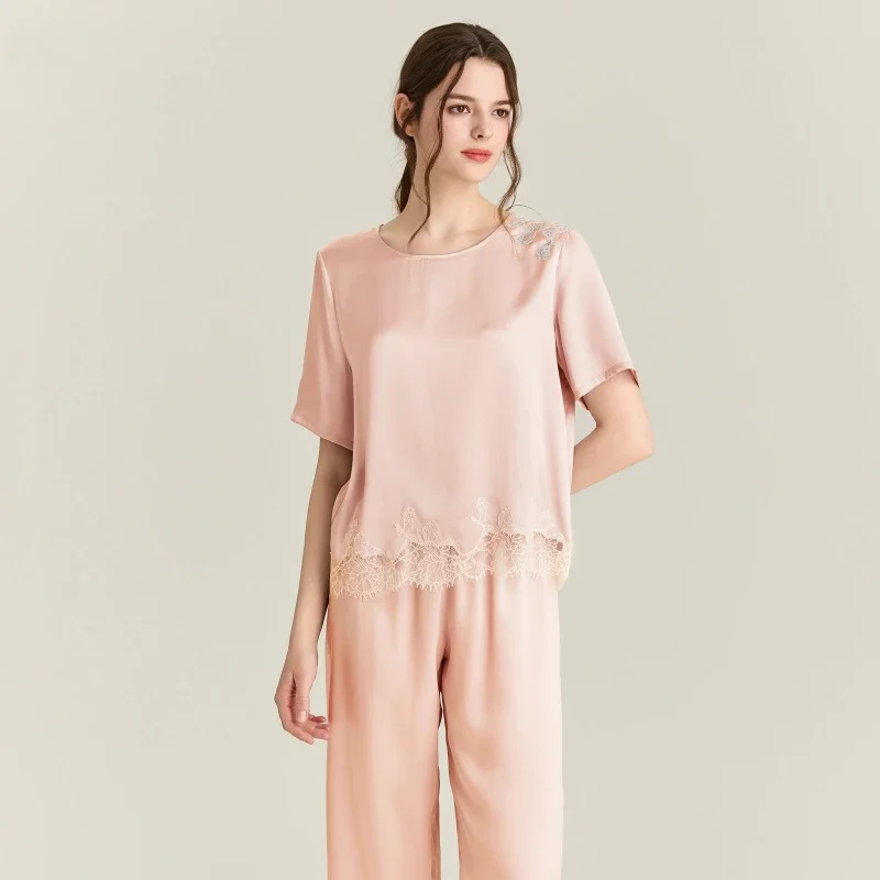

22MM 100 Mulberry Silk Women's Pajamas Short Sleeve T-shirt Long Pants Two Piece Set Round Neck Homewear Loose Casual Loungewear