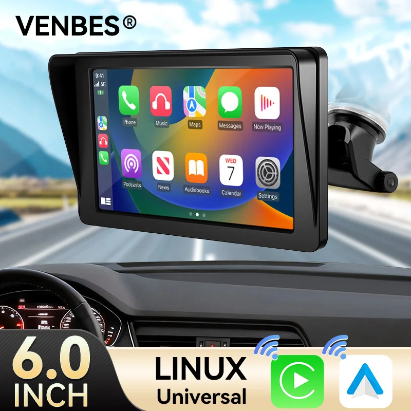 VENBES 6 Inch Car Radio Universal Carplay Android Auto Wireless Mirrorlink IPS Touchscreen Support USB WIFI FM