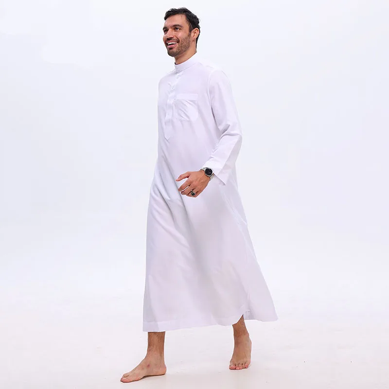 ملابس رجالية إسلامية بيضاء طويلة الأكمام فضفاضة مسلم رداء طويل رجل عباية قفطان عربي زر الوقوف طوق ثوب جوبا