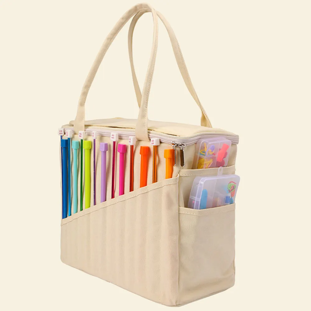 Large Capacity Tote Organizer Canvas Knitting Bag Solid Yarn Holder with Multi-layer Pockets for Hooks Knitting Needles