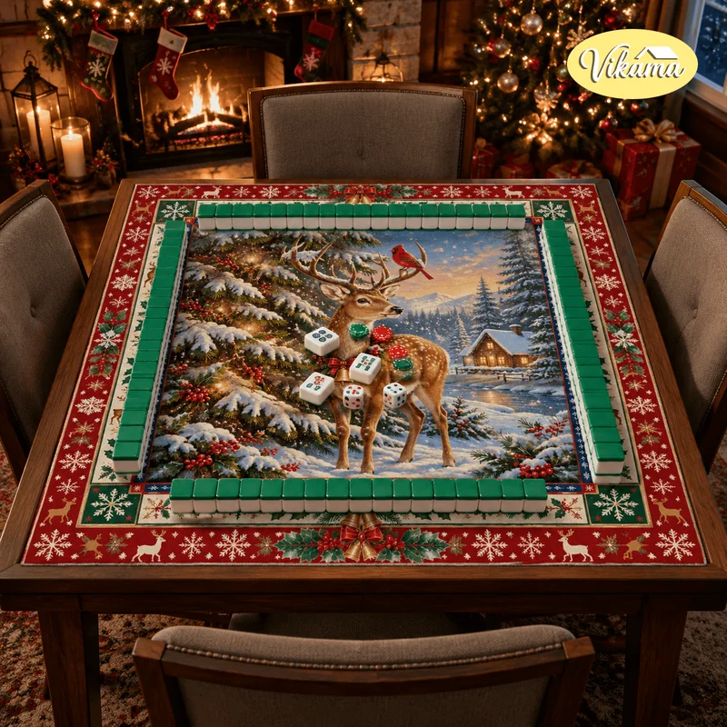 VIKAMA Christmas Mahjong Table Mat, Wreath, Reindeer, and Cardinal Winter Snow Forest Pattern Game Mat, Non-Slip Home Decor