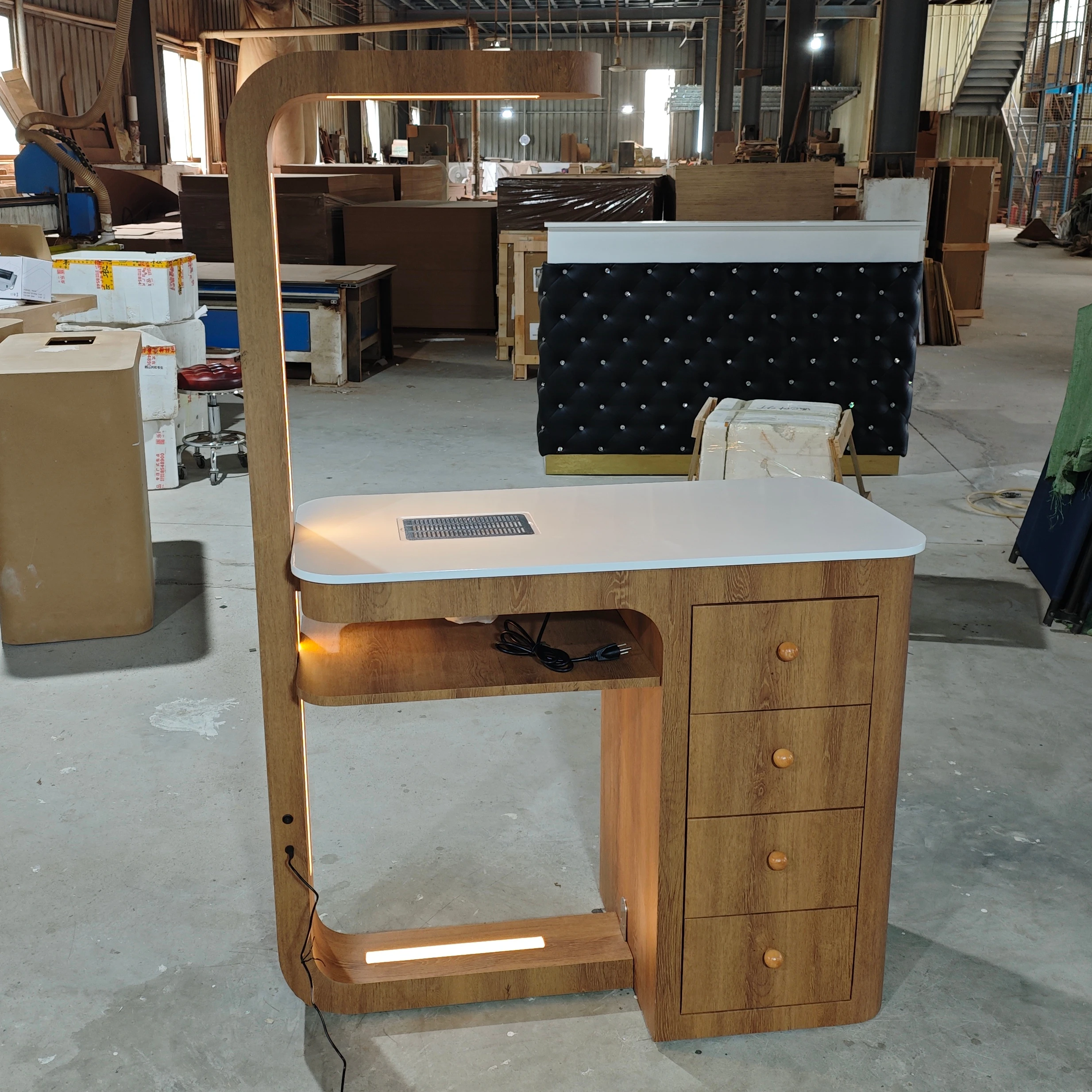 Wooden Colored Nail Table with Light Emitting Diode Light White Stone Top Manicure Light Fashion
