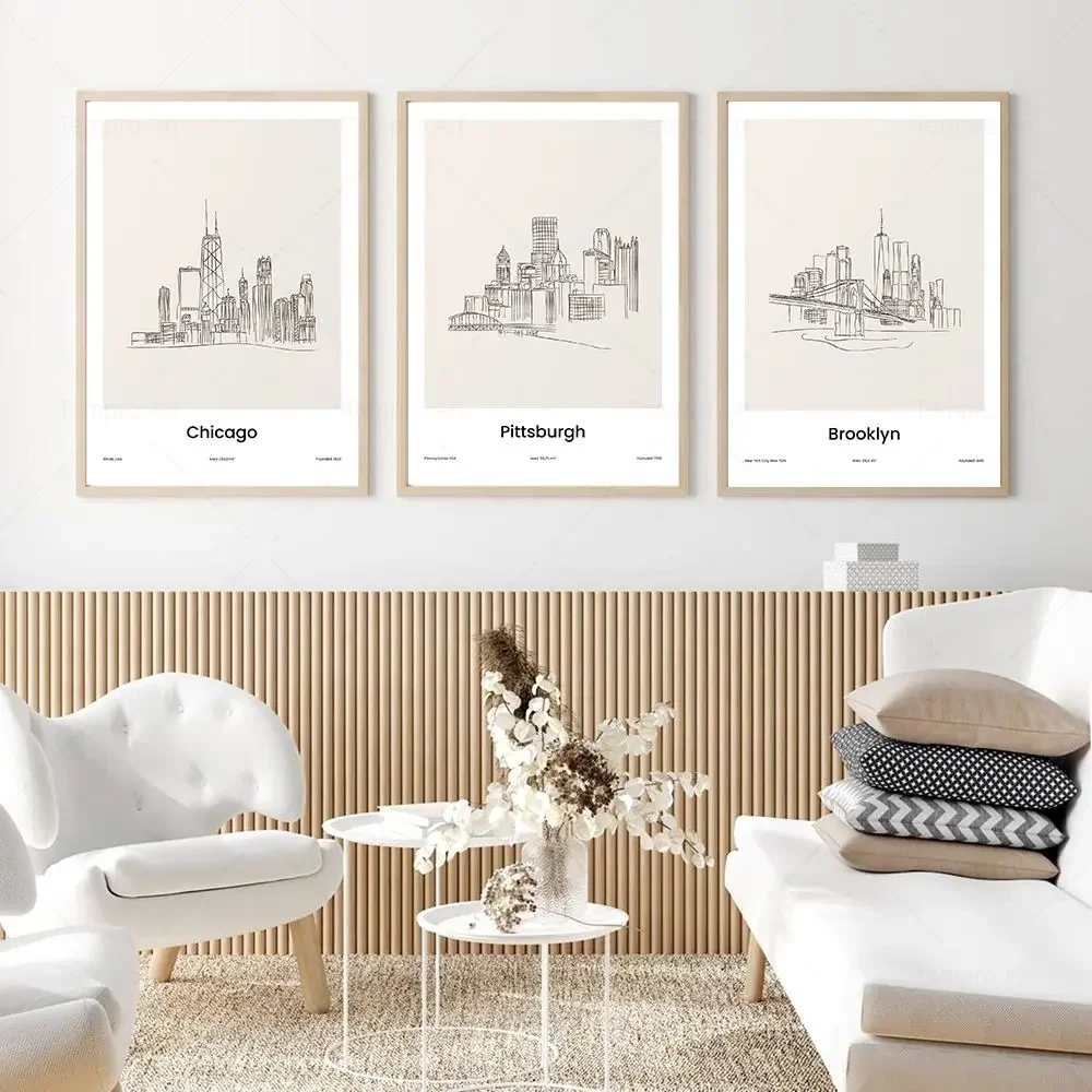 Modern Minimalist Wall Art – City Line Drawings of New York and Toronto, HD Canvas Print Poster for Home and Living Room Decor