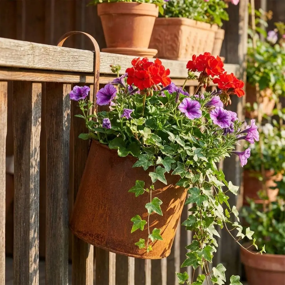 Handcrafted Wall Hanging Flower Bucket Antique Styles Rusted Iron Metal Plant Hangers Weather-Resistant Rust-Proof