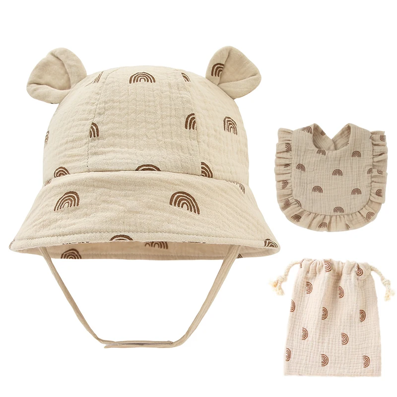 3pcs Baby Accessories Baby Hat Feeding Drool Bibs and Baby Diaper Pouch String Bag Set Soft Cotton  Bucket Hats Beach Kids Stuff