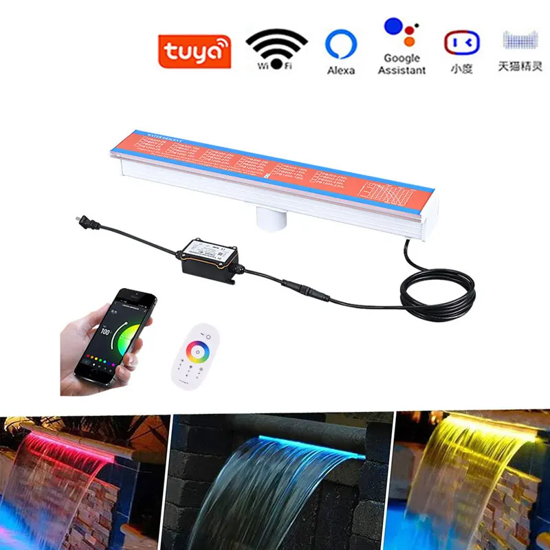 LED Pool Waterfall Light Water Descent LED Light IP68 Remote Control for Outdoor Garden Swimming Pool Wall Mount Landscape Decor