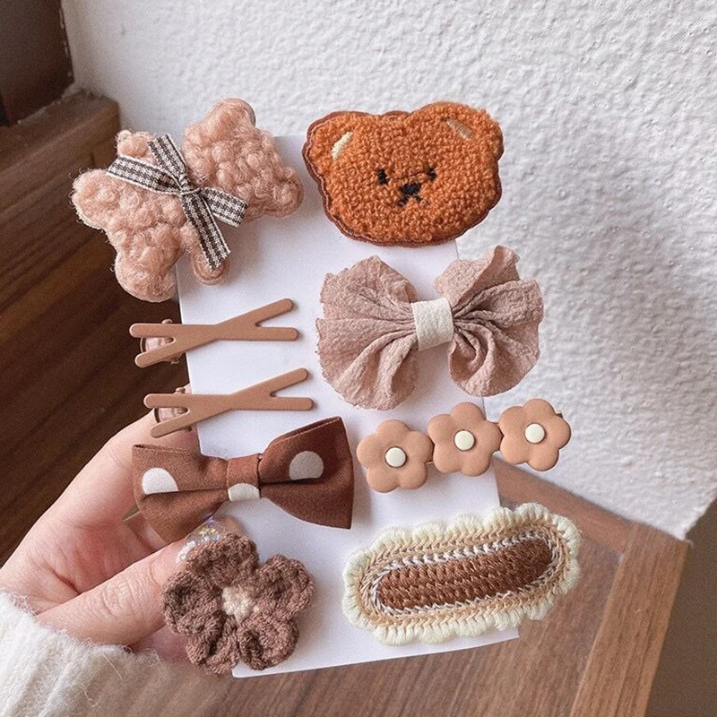 9pcs Girls Hair Clip Cartoon Bear Flowers Bow Decor Hairpin Side Cute Plush Brown Accessories