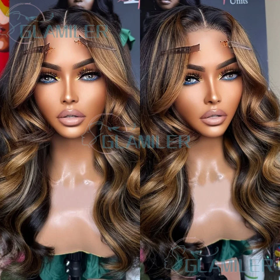 

Brown Blonde Highlight Human Hair Body Wavy 5x5 Silk Top Closure Wigs Bleached Knots Brazilian 360/Full Lace Human Hair Wigs