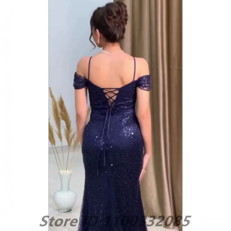 Eightale Customized 2025 Navy Blue Sequins Mermaid Off Shoulder Side Slit Prom Dress Evening Dress Women Formal Party Gown