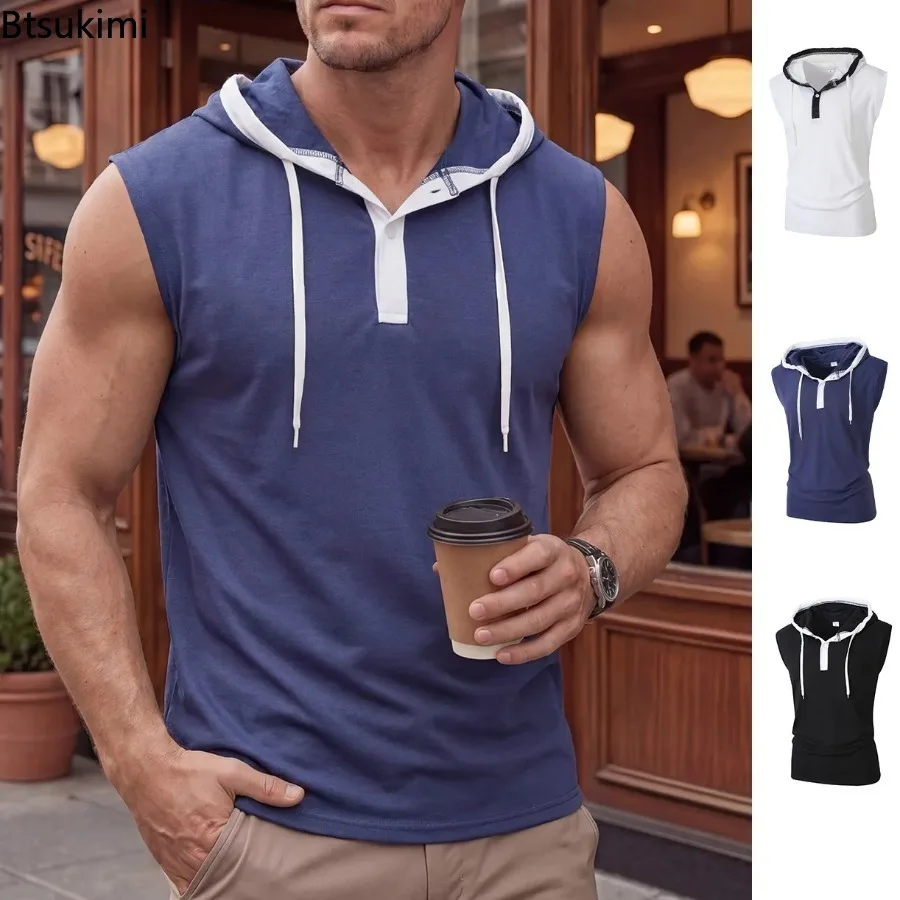 2026 New Men's Fashion Hoodie Tops Summer Casual Male Button Hoody Sleeveless Breathable T-shirts Comfortable Breathable Garment