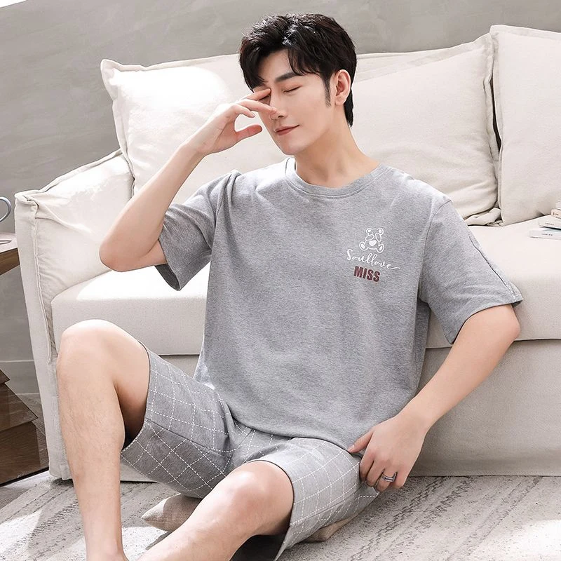 

Летние мужские пижамные комплекты 2026 года с коротким рукавом, повседневные, в клетку, 100% хлопок, корейский свободный крой, для сна и дома