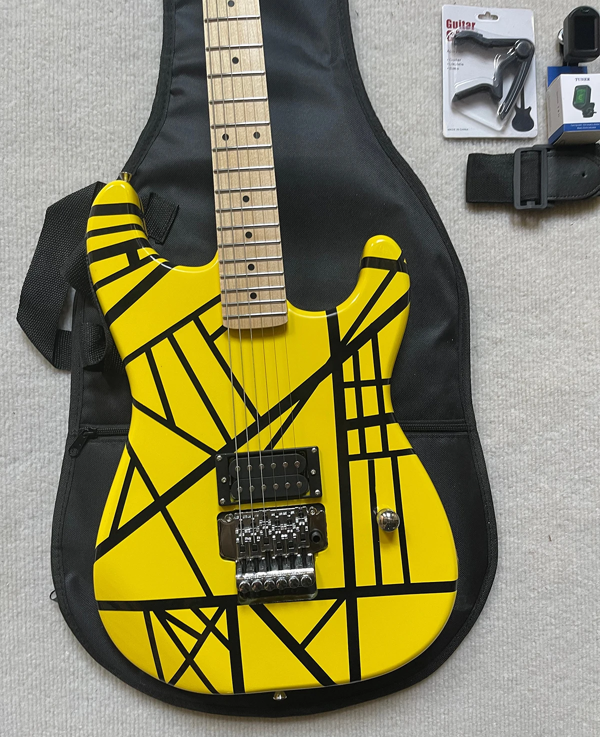 6 Strings Yellow Electric Guitar With Black Strips Maple Fretboard Guitar Accept Customization