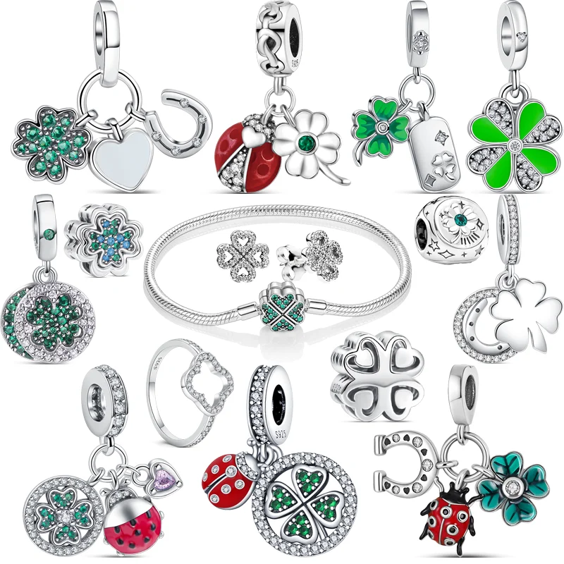 

925 Sterling Silver Lucky Love Four Leaf Clover Series Pendant Beads Fit Original Pandora Charms Bracelet Green Fine DIY Jewelry