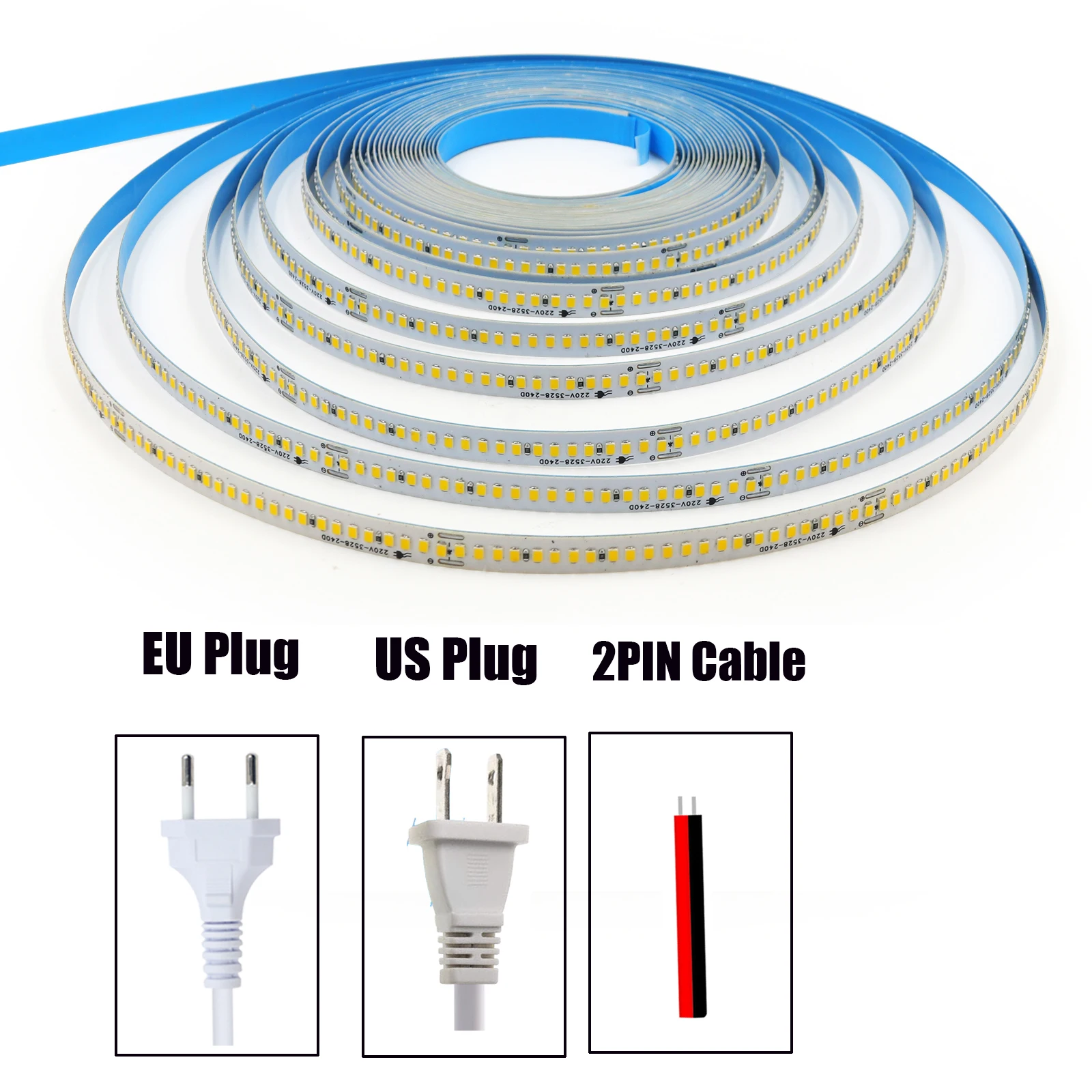 AC 220V 110V LEDストリップライト、US/EU/2ピンケーブル付き、240LEDs/M、IP44、自己粘着式フレキシブルリボンテープ、ホームデコレーションライト、5M、10M、20M