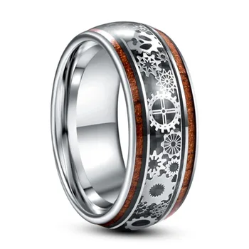 패션 Steampunk 기어 휠 스테인레스 스틸 반지 상감 Koa 나무 반지 남성용 높은 광택 힙합 펑크 록 바이커 쥬얼리