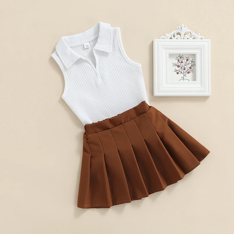 Girls Sleeveless Top and Pleated Skirt Set Turn-down Neck Vest with Flared Skirt for Summer Casual Wear