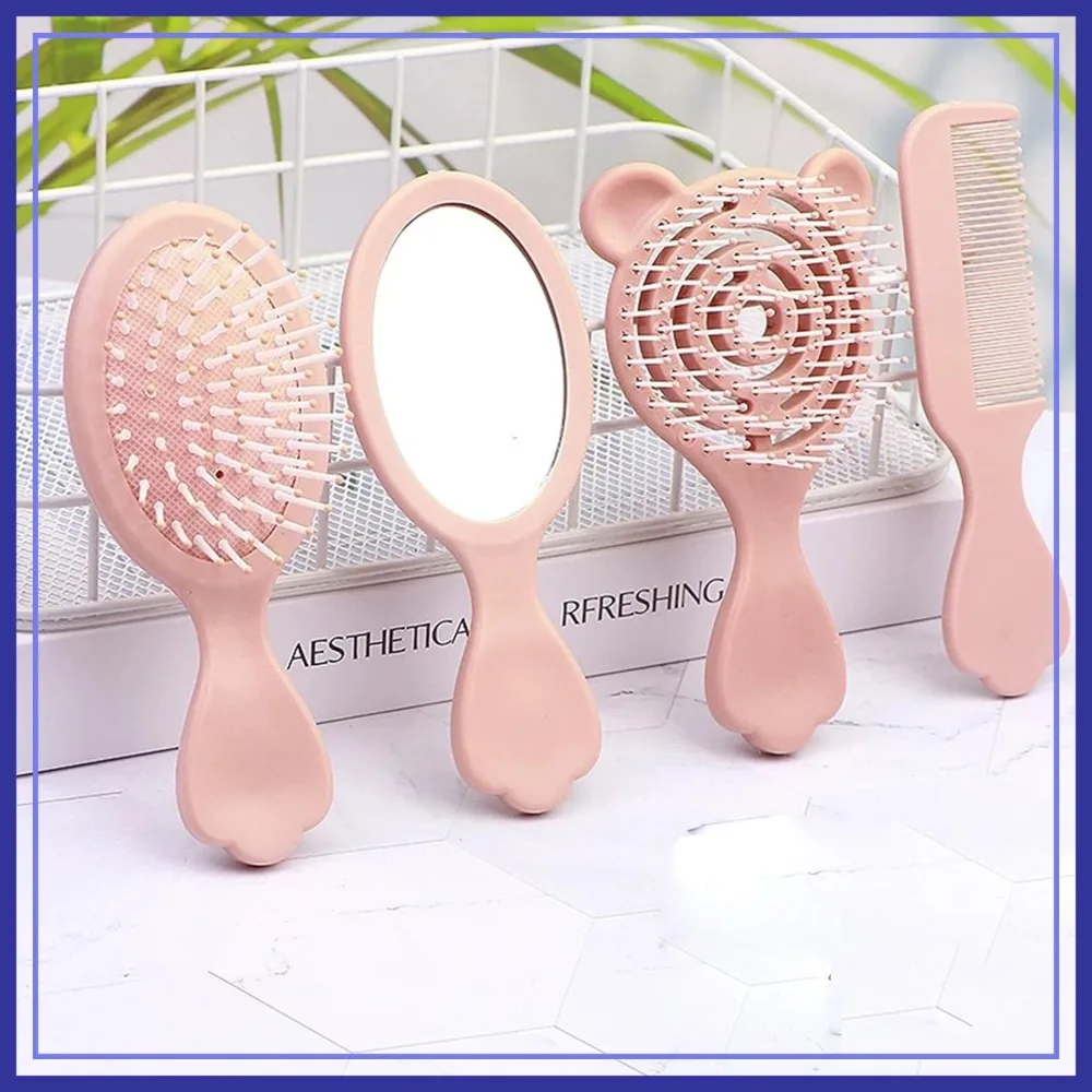 

4 Mini Hair Brushes Set with Handheld Mirror - Travel Detangling Comb, Massage Hairbrush for Women & Girls (Pink)