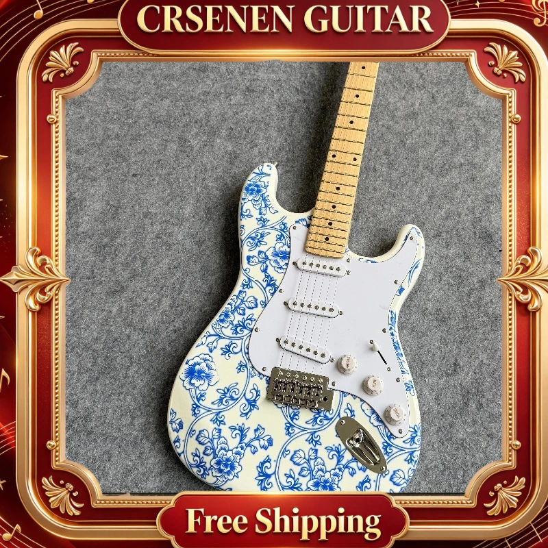ST Electric Guitar Blue White Porcelain Floral Print SSS Single Coil Pickups Single Tremolo Bridge Rock Stage PracticeInstrument
