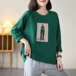 2024 Early Autumn Plus Size Long Sleeved Sweatshirt in Green Orange Loose and Casual Slimming with Printed Base for Women's Top