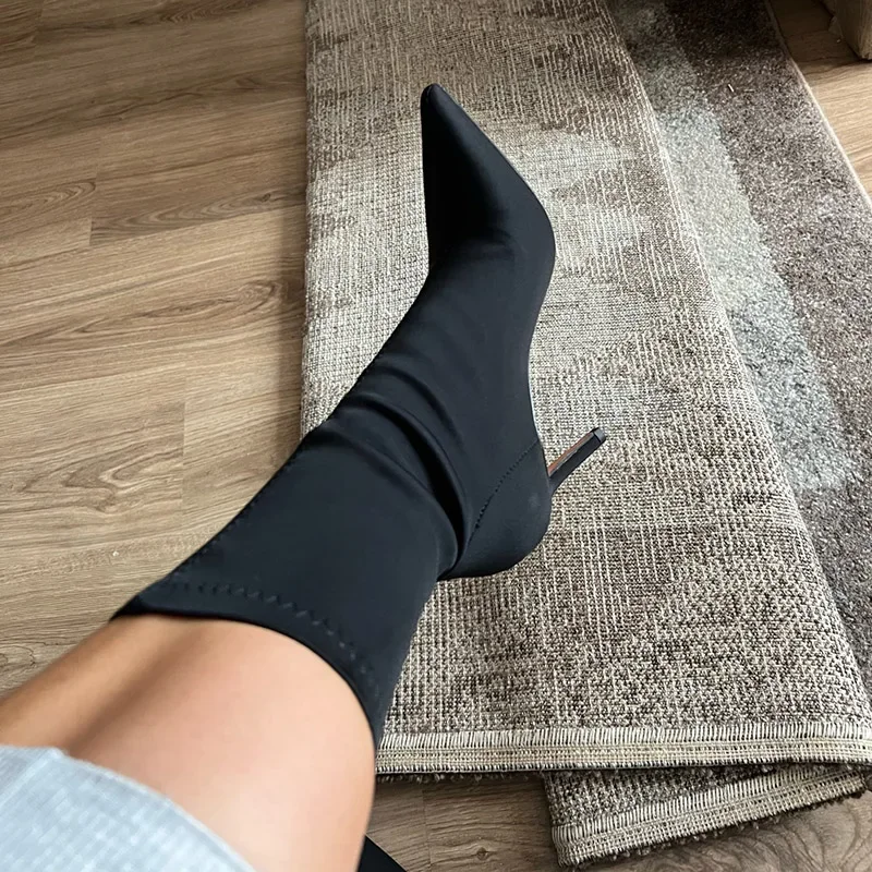 Women 7.5cm 10cm High Heels Silk Sock Stretch Boots Green Low Heels Thermal Ankle Boots Lady Stripper Winter Warm Sexy Shoes