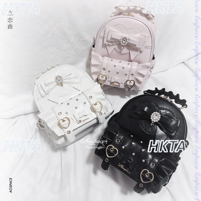 Original Japanese Sweet Lolita Bag Women Chic Love Rhinestone Bow Y2k Cosplay Black Backpack Cute Girls Kawaii Student Bag