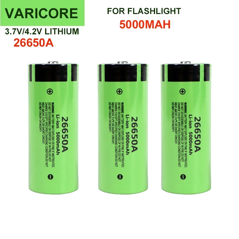 Neuer 3,7 V 26650 A 5000 mA Li-Ionen-Akku, wiederaufladbarer Akku, Entlader, 20 A Leistung mit spitzer Spitze für Taschenlampe
