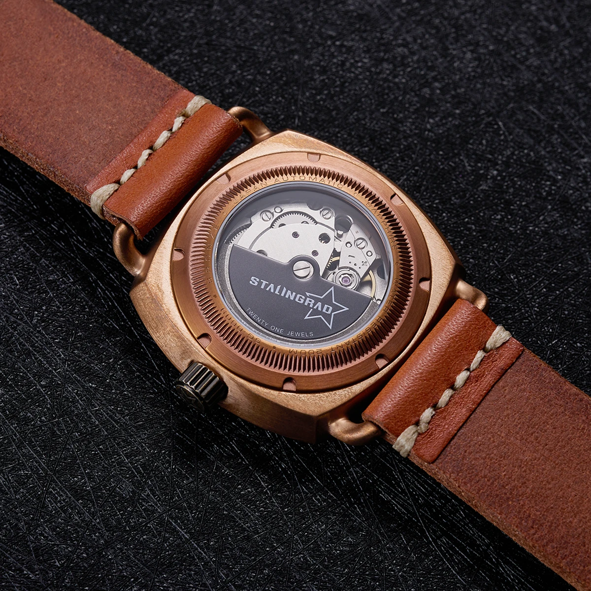 STALINGRAD New Men\'s Bronze Mechanical Watch 200M Waterproof Movement 8215 Sapphire Crystal Luminous Dial Durable Rubber Strap