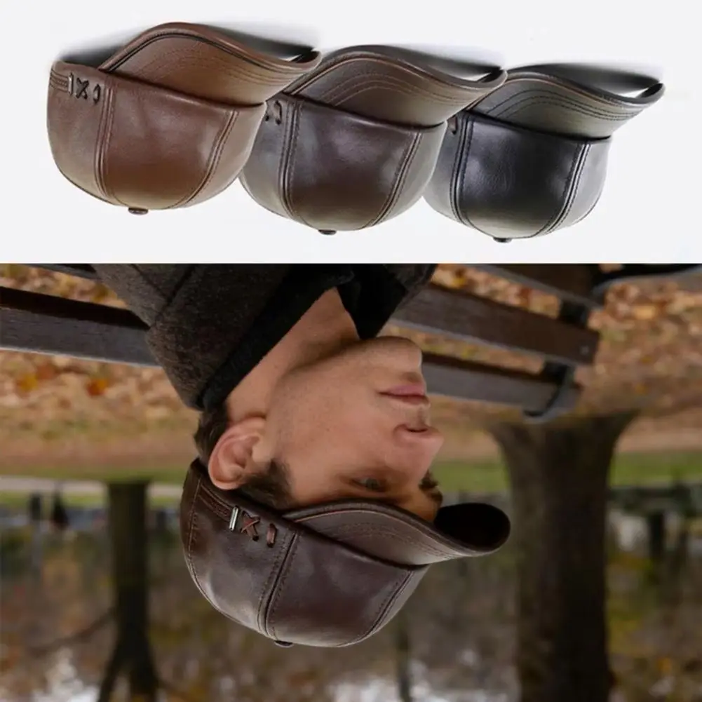 

Adjustable Buckle Hat Lightweight Windproof Hood Adjustable Faux Leather Baseball Cap with Windproof Hood Fleece Lining for Fall