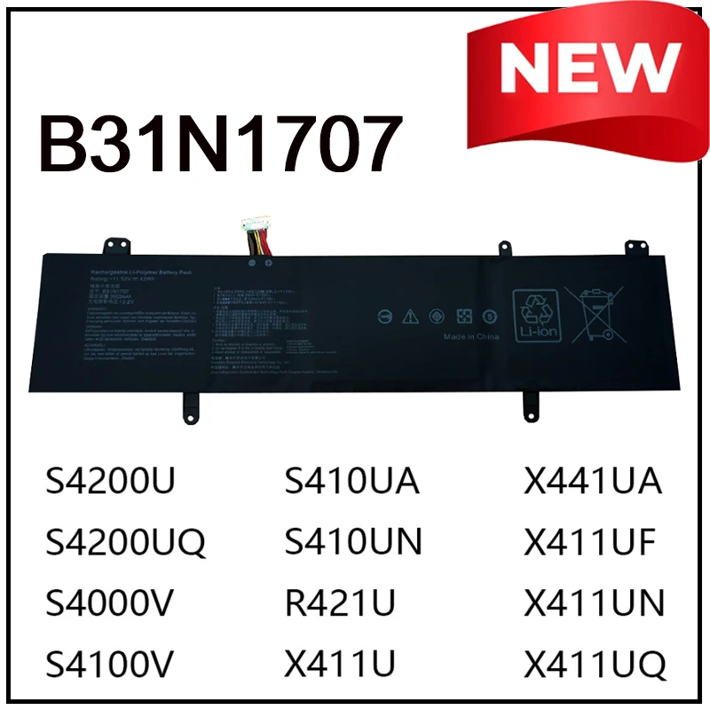 

B31N1707 Replacement Li-ion Laptop Battery for ASUS VivoBook S14 S410UQ S410UN S41OUN S4100V X411UN X411UQ X411UA X411UF R421U