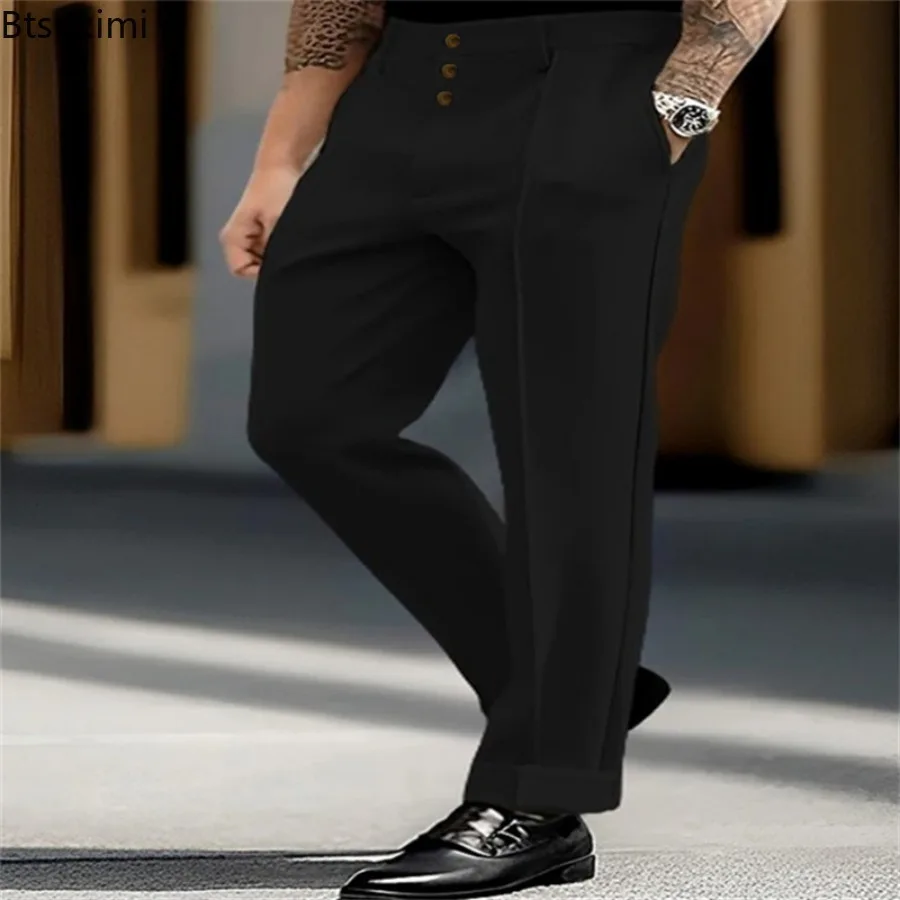 Men Business Pants Casual Suit Pants Multiple Buttons Loose Straight Trousers Spring Autumn Fashion Solid Color Outdoor Pants
