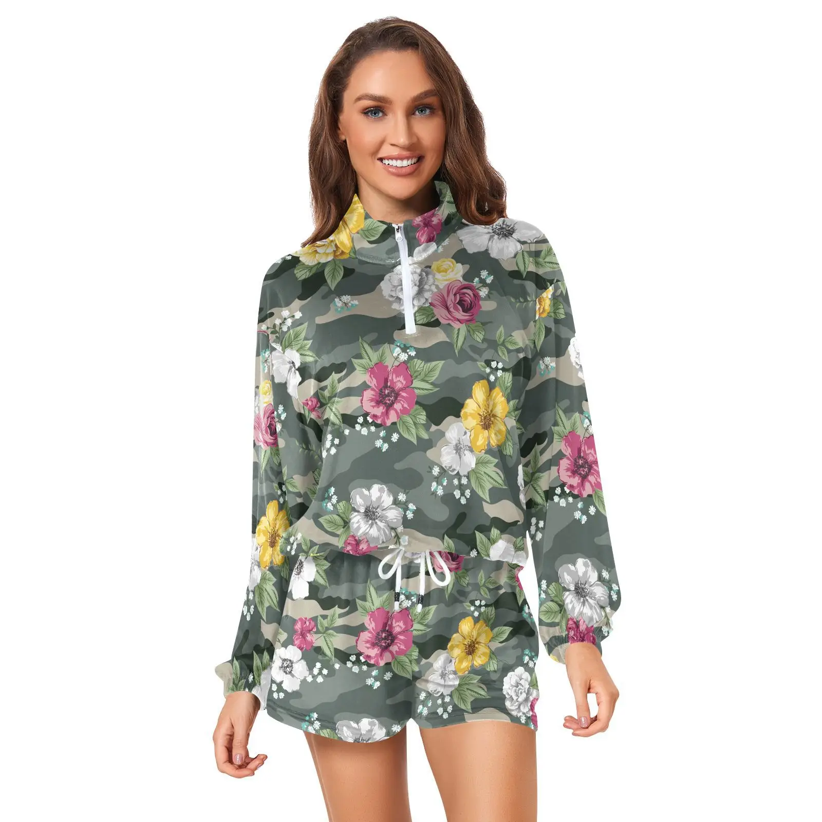 

Fashion Sporty Sweatsuits Ladies Two-piece Camouflage printing Zippered Cropped Hoodie and Shorts Suit Sportswear for Women