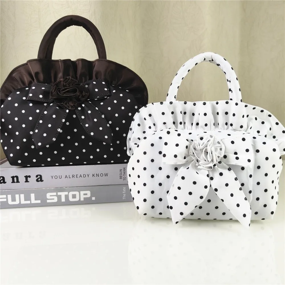 New Bowknot Ladies Handbag Top Handle Black White Polka Dots Phone Bag With Zipper Summer Purse Women