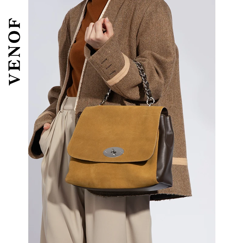 Venof New Fashion Genuine Leather Chain Bag Suede Female Shoulder Casual Commute Working Bag High Quality Simple Ladies 2023 Bag