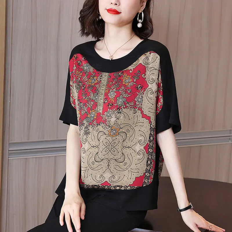 Women Retro Harajuku Print Chiffon Blouse 2022 Female Casual Loose Shirts Summer Short Sleeve Round Neck Middle-aged Mother Tops