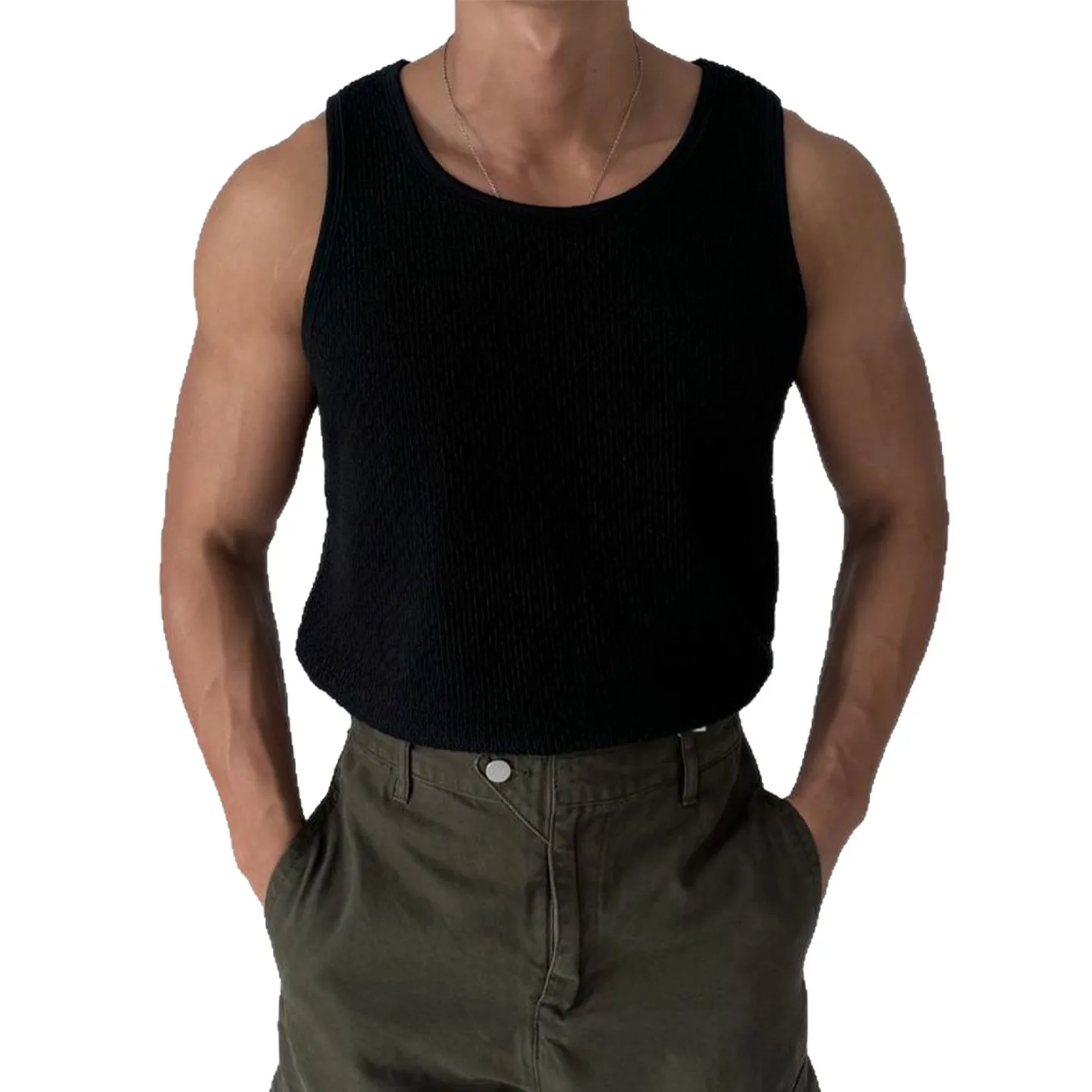 

Men's White Round Neck Sleeveless Vest Lightweight Breathable Fitness Sportswear Cotton T-Shirt Casual Summer Top