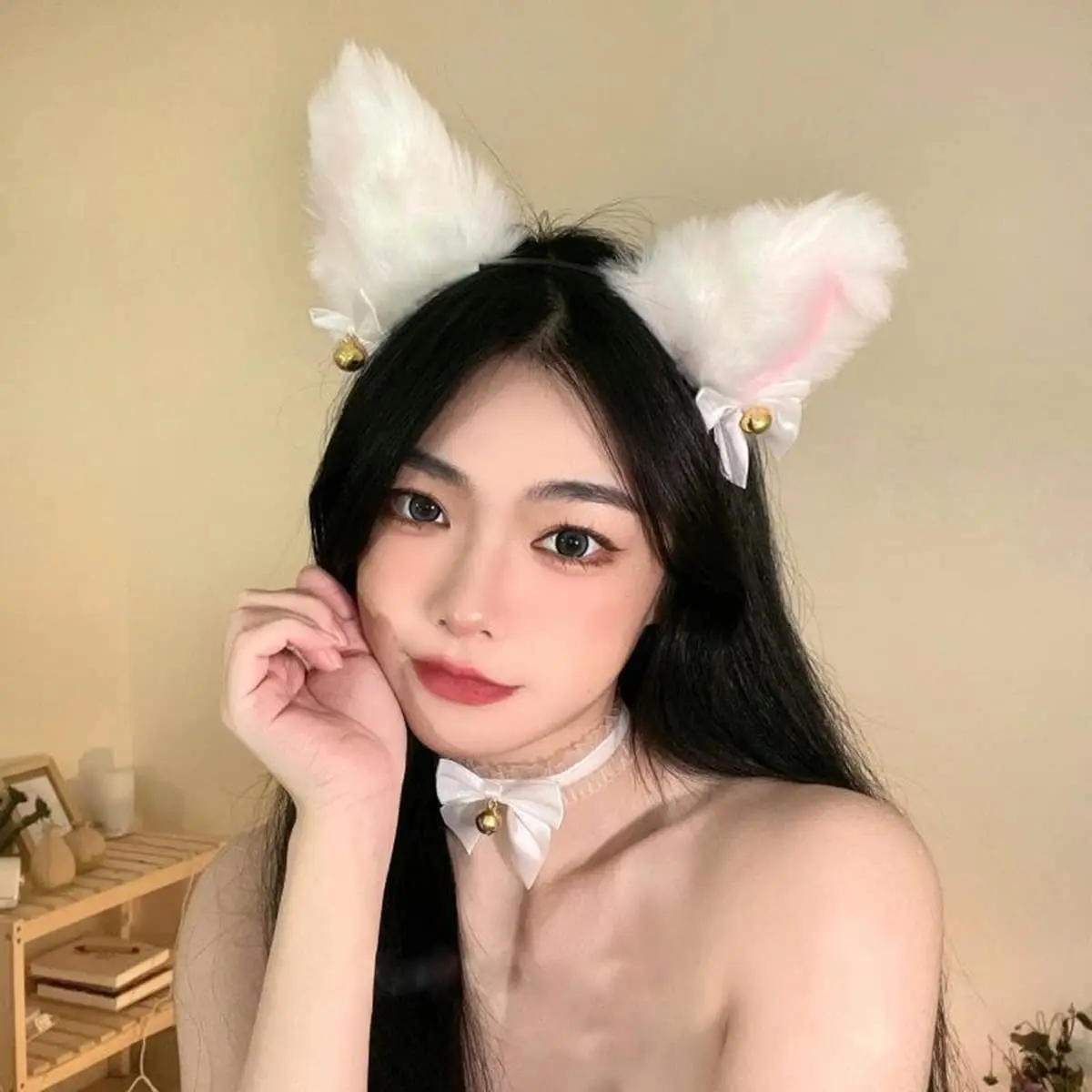 Sexy Cat Ears Headband for Women Girls Lace Bow Necklace Plush Bell Hairband Cosplay Masquerade-Party Costume Hair Accessories