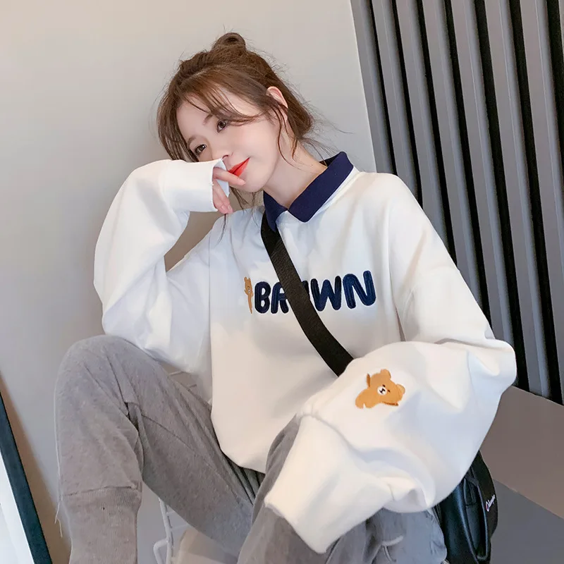 Women\'s Sweatshirt Korean Style Letter Printing Oversized Sweatshirt Women Turn-down Collar Pullovers Loose Cute Top Clothes