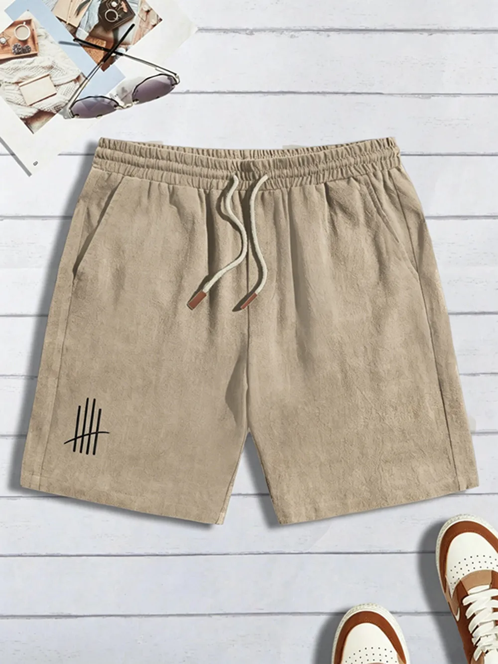 Men Linen Cotton Shorts Drawstring Elastic Waist Casual Summer Beach Shorts With Pockets Graphic Print Knee Length Short Pants