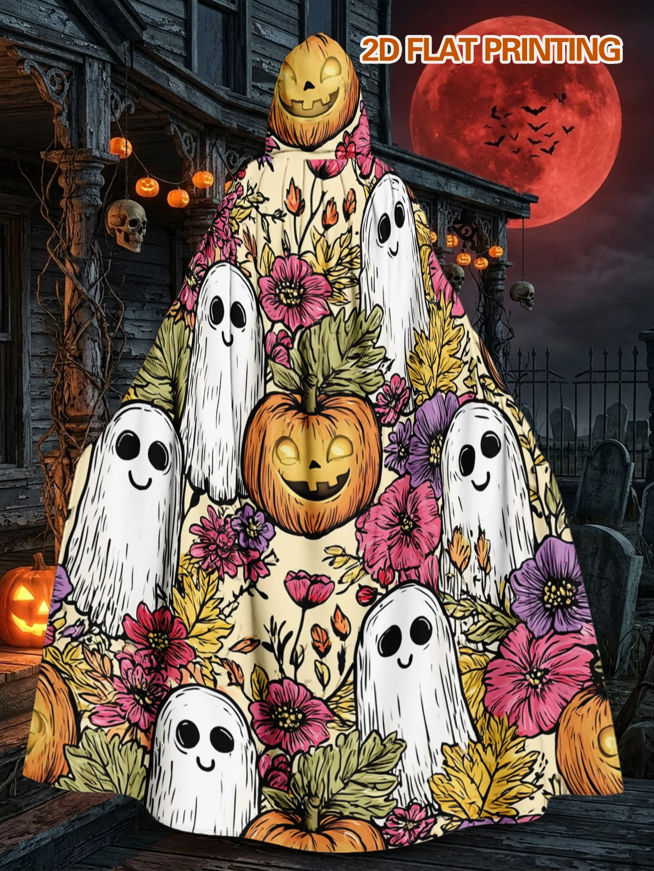1pc, Polyester Hooded Cloak Featuring Ghosts Pumpkins Flowers for Halloween Decor Design, Long Adult Costume Robe