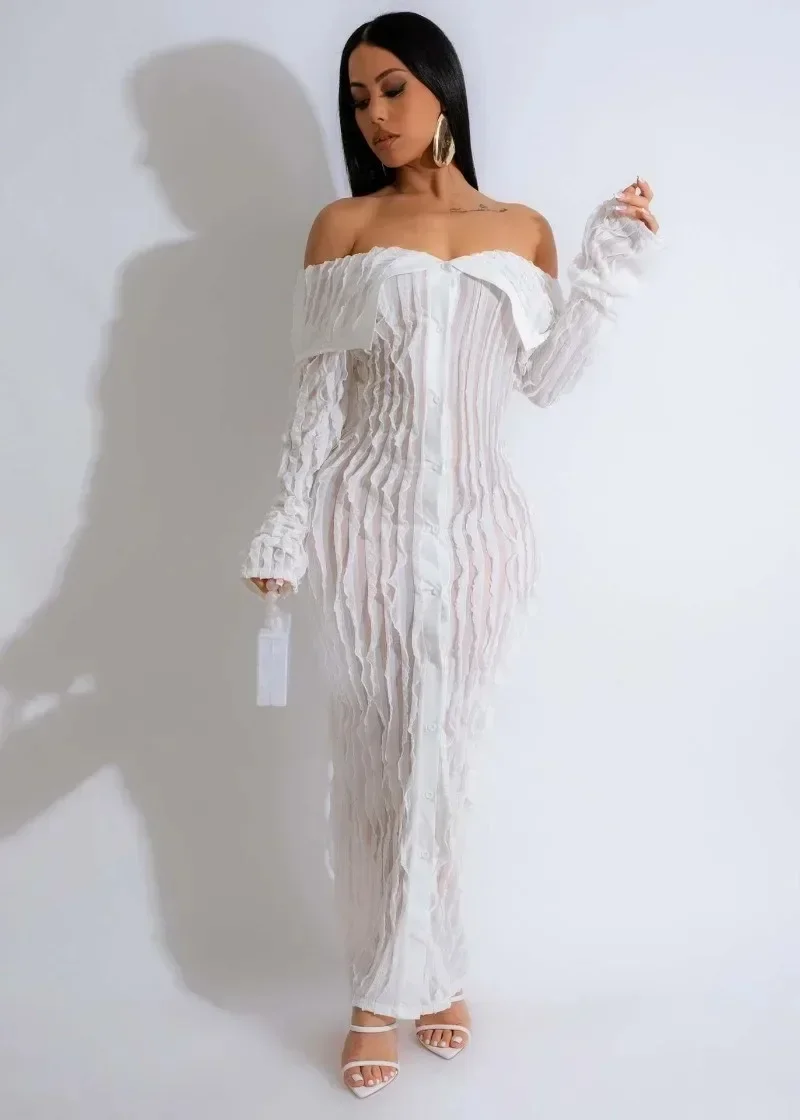 GUWU Sexy Off the Shoulder Birthday Bodycon Maxi Dress Women Slash Neck Button-up Wave Striped Night Party Long Dresses Clubwear