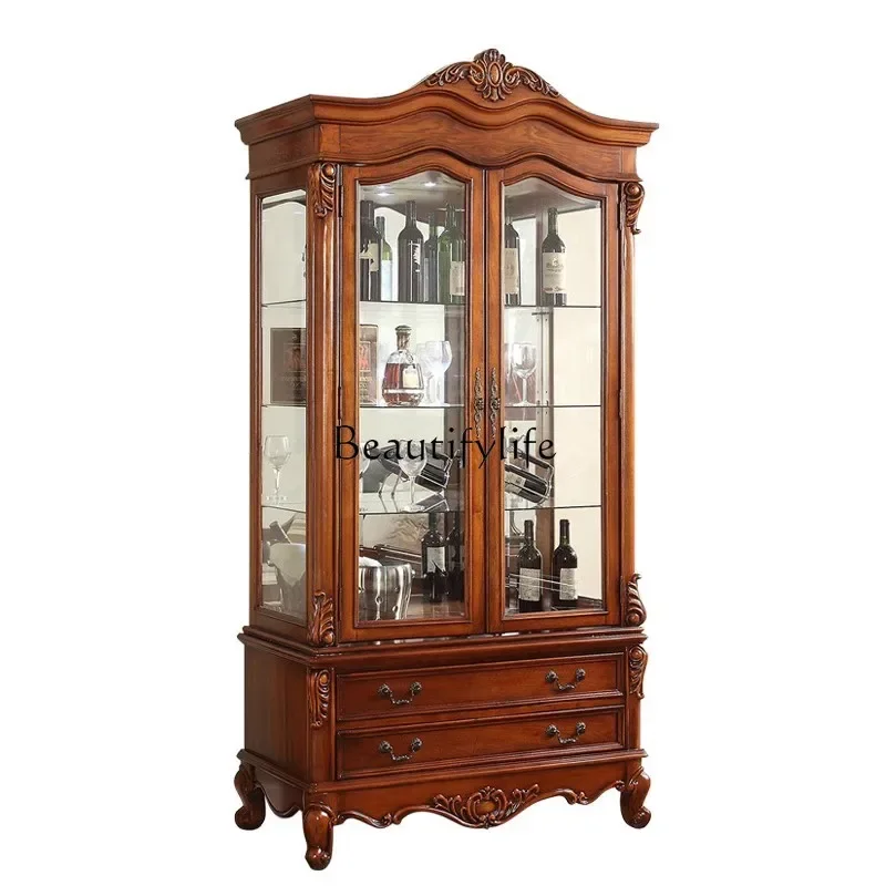 

American Country Solid Wood Wine Cabinet European Retro Living Room Glass Door Curio Cabinet Display Side Cabinet