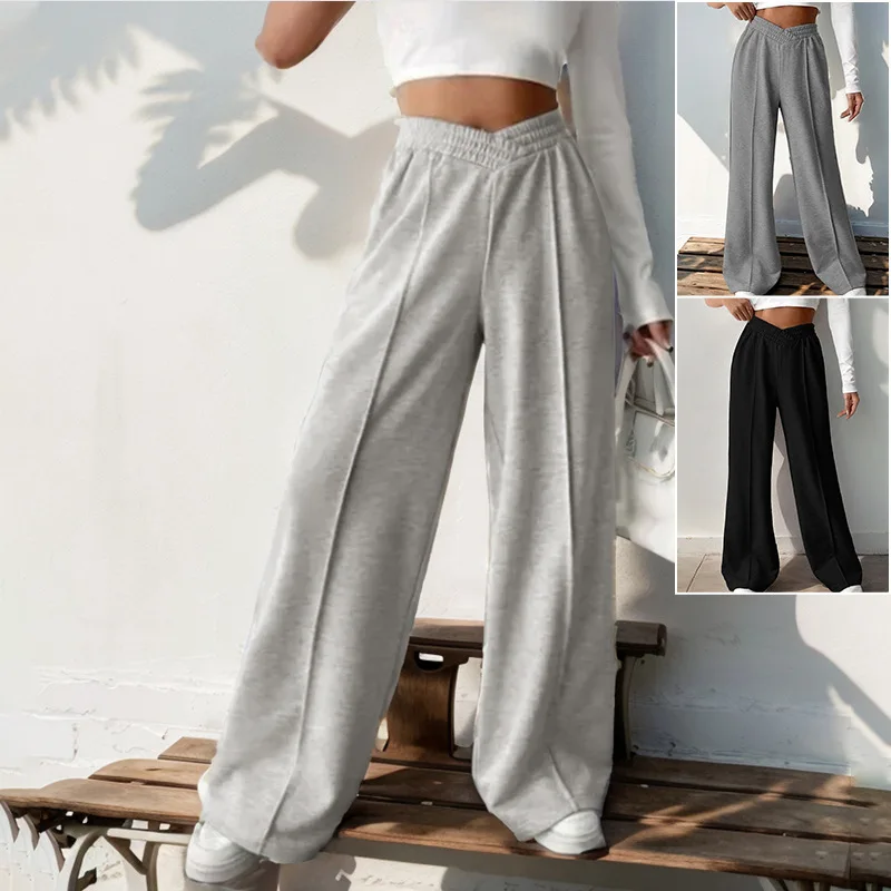 High Waist V-Neck Splice Women's Casual Pants Elastic Waist Wide Leg Trousers Summer 2024 New Style Polyester Fiber