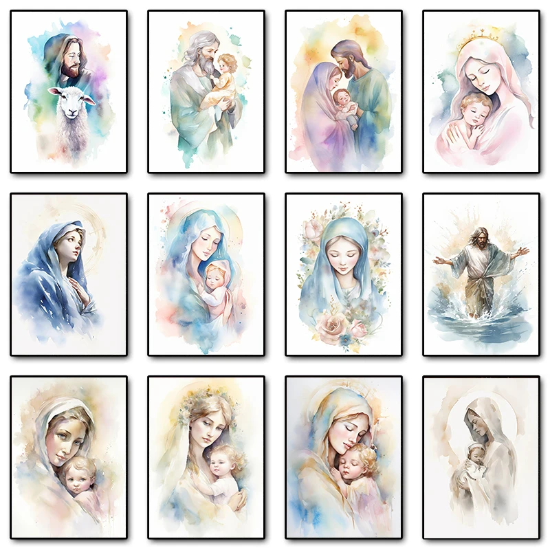 Watercolor Virgin Mary Jesus Christ Portrait Poster Print Canvas Painting Catholic Religion Wall Art Picture for Room Home Decor