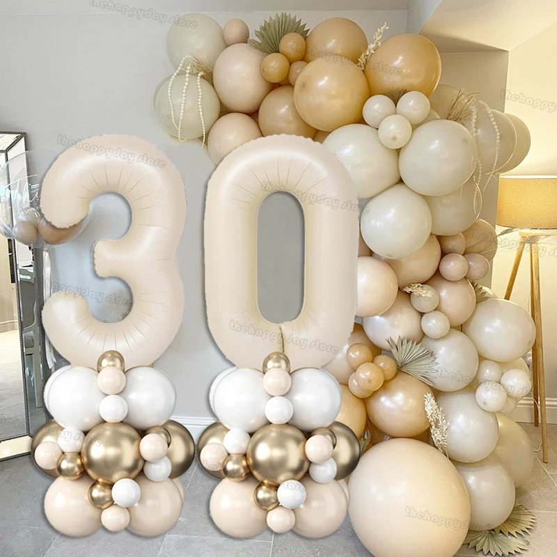 28/1Pcs Cream Number 30 Balloons Sand White Light Gold Cream Number Foil Balloon 40 50th Birthday Anniversary Wedding Globos