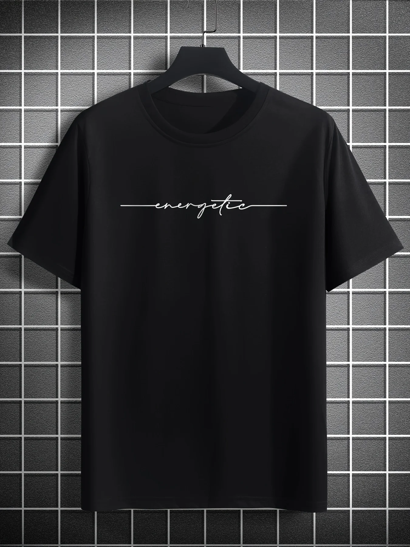 

Men's Casual Short Sleeve T-Shirt - Black with White Cursive 'Energetic' Print, Round Neck, Machine Washable, All-Season Comfort